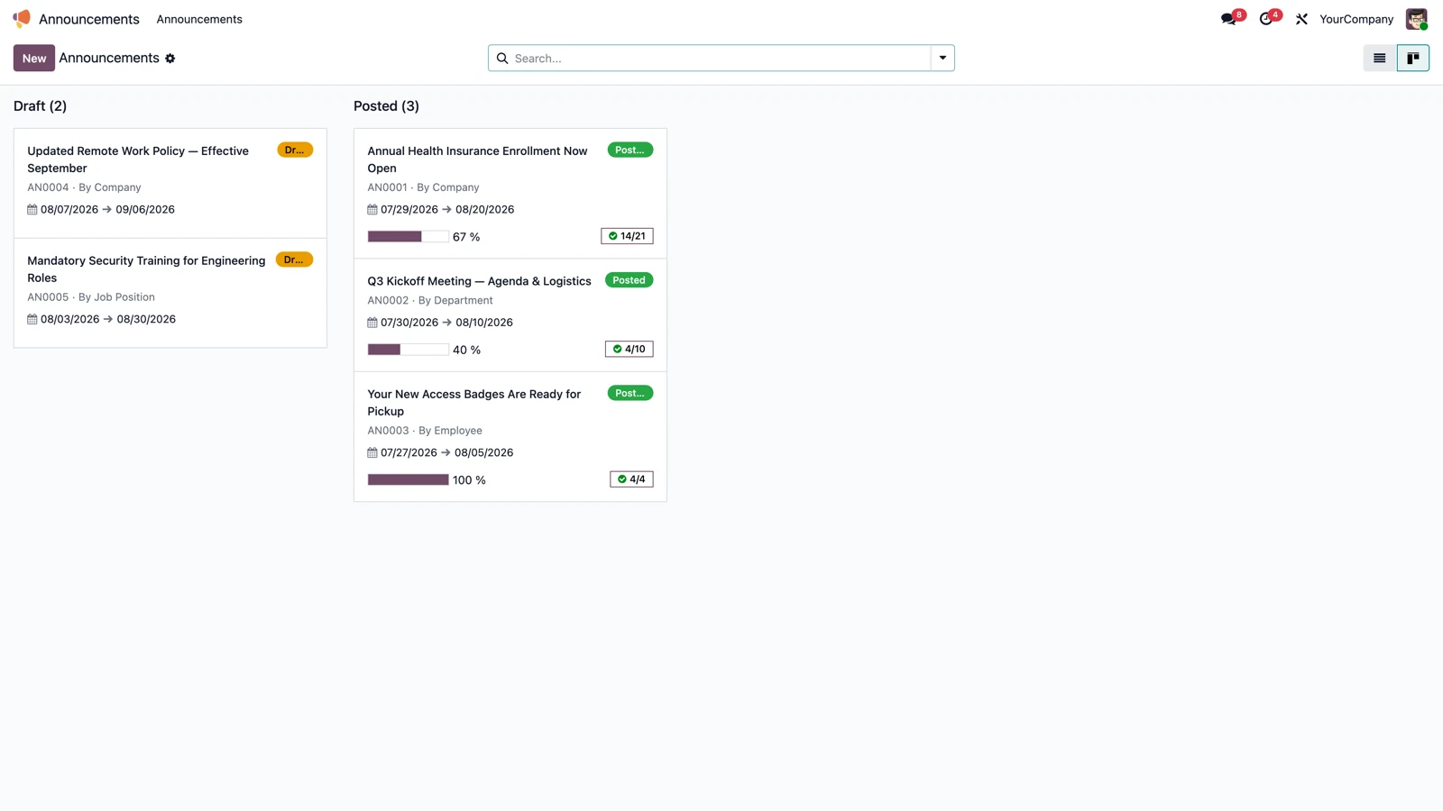HR Announcements — kanban board