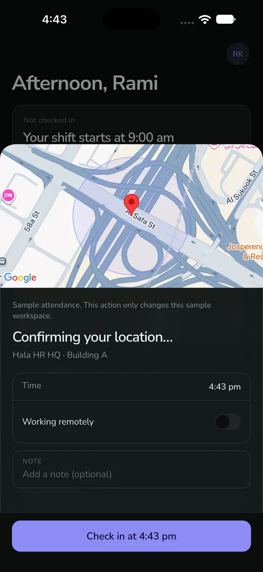 Check-in screen confirming the device is inside the Hala HR HQ zone, with a map, a working-remotely toggle and a note field.